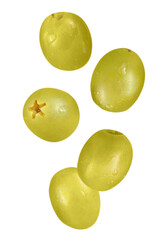 Real photo of levitating green pitted olives isolated on transparent background.
