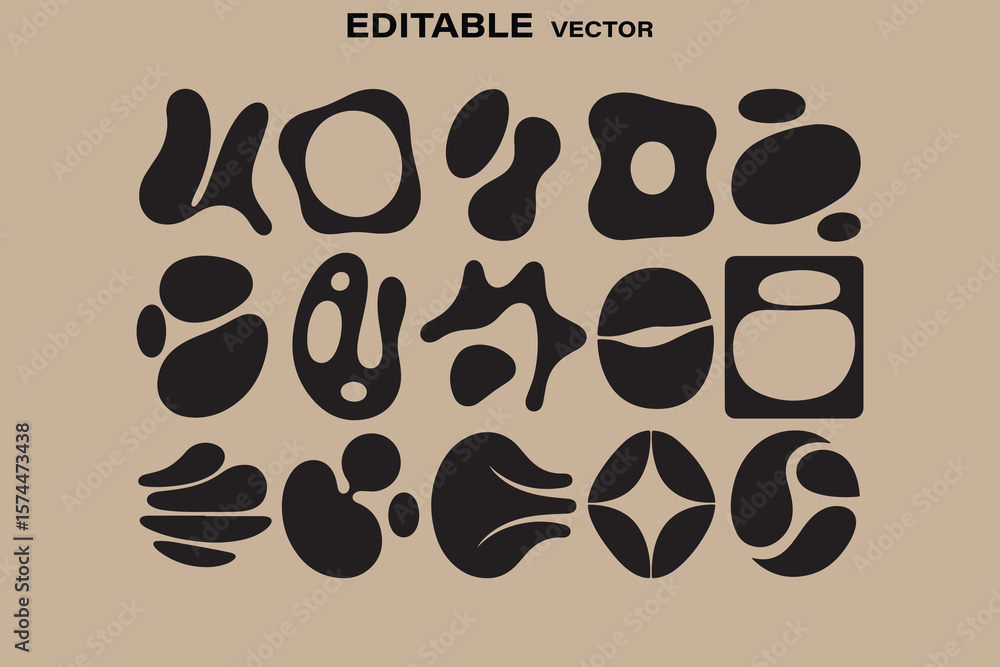 Poster collection of abstract organic shapes and blobs in black on a beige background editable vector
