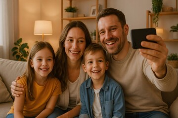 Smiling family taking a selfie together on the sofa in their living room, enjoying quality time