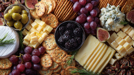 A beautifully arranged cheese board with various fruits, crackers, and cheese selections