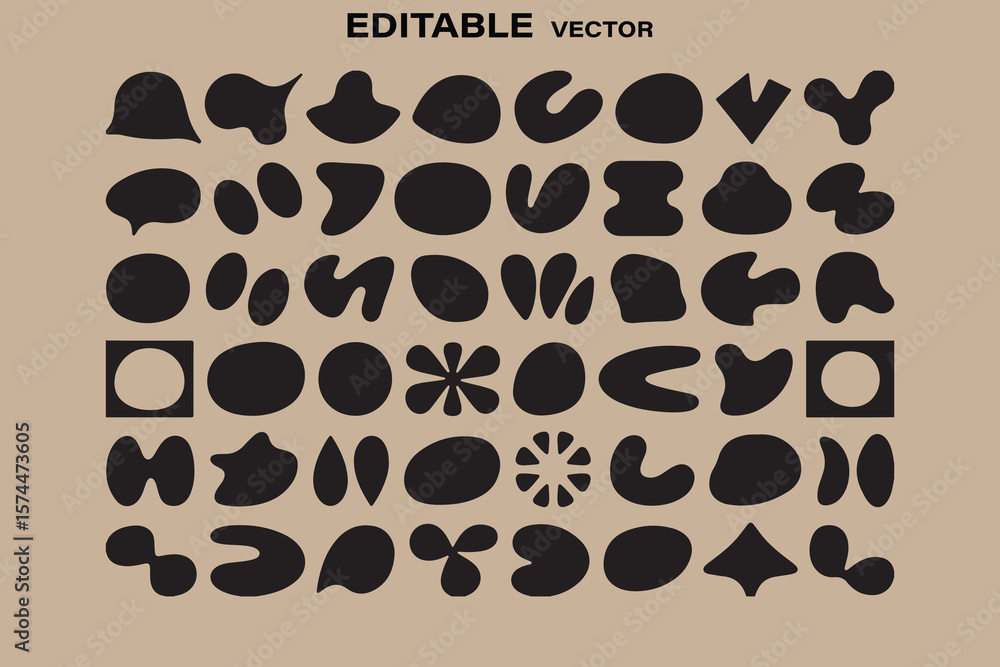 Poster collection of abstract organic black shapes and blobs on a beige background editable vector elements