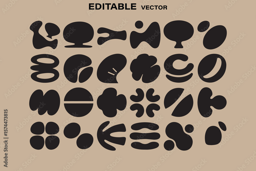 Poster collection of abstract organic shapes and blobs in black on a beige background editable vector
