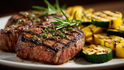 Grilled steaks are displayed on a plate with grilled squash, zucchini, and rosemary