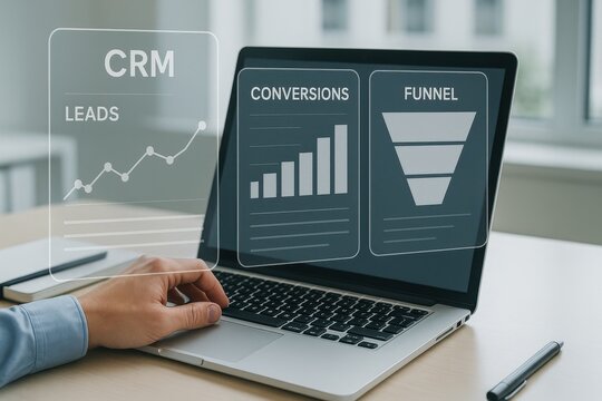 CRM Dashboard on Laptop Displaying Lead Growth, Conversion Analytics, and Sales Funnel Visualization
