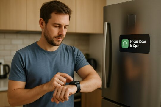 Homeowner using smartwatch receiving notification that refrigerator door is open, concept of smart home and internet of things