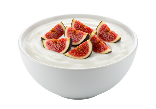 A bowl of yogurt is topped with several slices of fresh figs presented against a black background