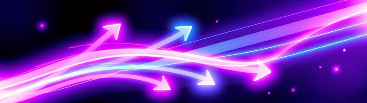 Neon lights and arrows in a dark background with a blue sky