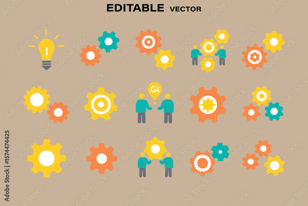 Poster set of colorful flat design icons representing teamwork collaboration idea generation and business p