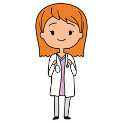 Hand drawn cartoon redhead female doctor in uniform with stethoscope on white background. Healthcare and medicine.