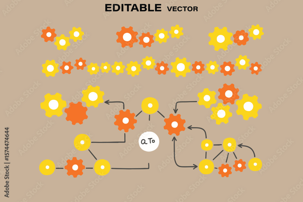 Poster colorful interlocking gears and circular elements forming a process flow diagram with arrows on a ne