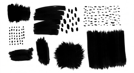 Collection of black ink brush strokes and dots arranged in various patterns on white background
