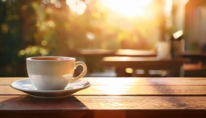 empty coffee cup on wood table with sunlight