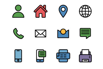 Illustration of twelve colorful contact icons including person, home, globe and printer icons