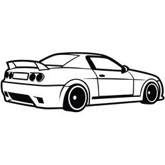 Obraz premium Sleek sports car with rear spoiler and custom wheels in a clean line art silhouette