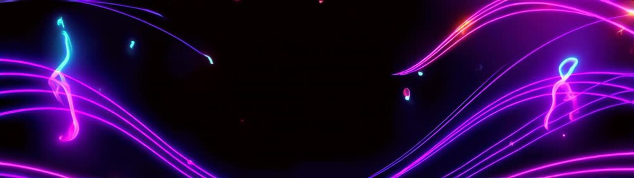 Neon music note background with many musical notes