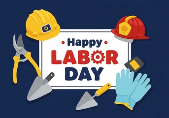 Happy labor day with construction tools and hats