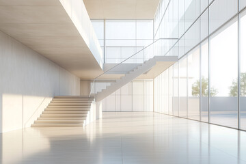 Obraz premium Bright Minimalist Atrium With Floating Staircase And Floor-To-Ceiling Glass Wall Overlooking Outdoor Landscape