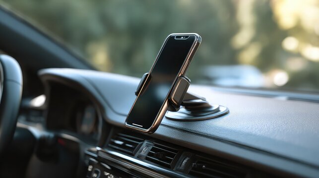 Smartphone mounted on car dashboard for navigation and hands free use
