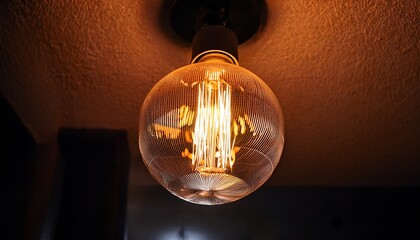 low angle view of illuminated light bulb hanging on ceiling in dark night time