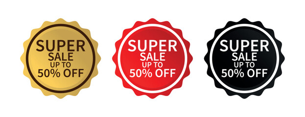 Super Sale Up to 50% Off Badge Sticker Set. Editable Vector Promotional Labels for Discounts, Retail Advertising, E commerce Campaigns, Seasonal Marketing Graphics