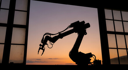 Robotic arm silhouette sunset window