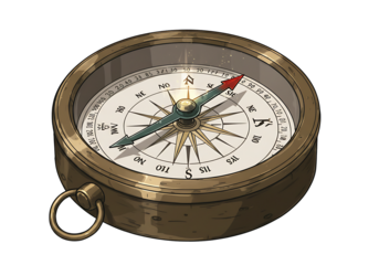 A brass compass points southeast on a black background
