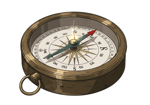 A brass compass points southeast on a black background