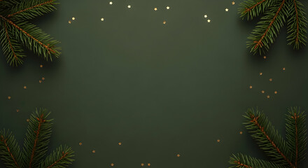 Green holiday background with evergreen branches and confetti