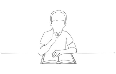 Continuous one line drawing of boy deeply focus on reading, learning, concentration, intellectual curiosity concept, single line art