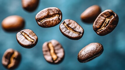 Roasted coffee beans suspended in the air.