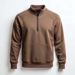 Brown quarter-zip sweatshirt, minimalist design, comfortable fashion apparel on white background