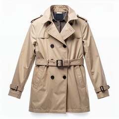 Classic beige trench coat showcasing symmetrical design and tailoring on white background
