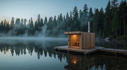 Minimalist Nordic sauna on glass pontoons, pine forest lake setting, steam rising at dawn, long exposure water