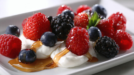 A delightful dessert featuring an assortment of fresh, juicy berries, drizzled with sweet syrup.