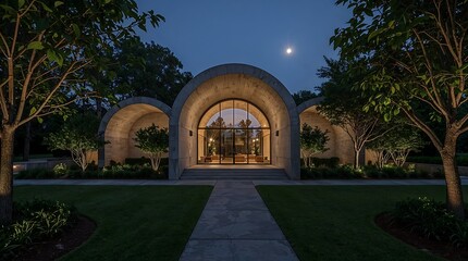 Modern spiritual center with fiber-reinforced concrete arches, meditation garden, moonlight serenity