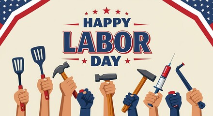 Hands celebrate labor day with tools and american flags