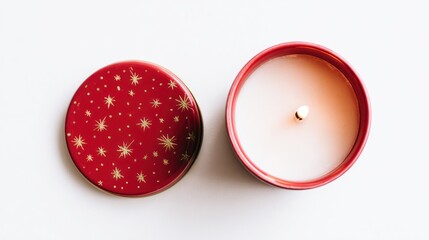 Top-down view of a red tin candle with a gold star pattern