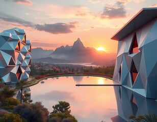 A breathtaking futuristic landscae at sunset, with two angular geometric buildings,with with a calm lake reflecting the sky, mirrors the snset, and mountains in the background