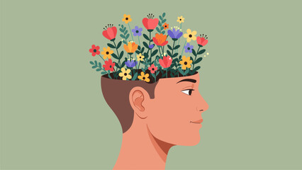 Blooming Mind: Colorful Flowers in Human Head Illustrating Mental Health, Positive Thinking, Growth, and Well-being