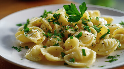 Delicious pasta dish garnished with fresh herbs and black pepper, ready to eat.