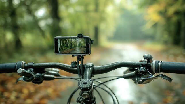 Smartphone mounted on bicycle handlebars capturing an autumn forest path