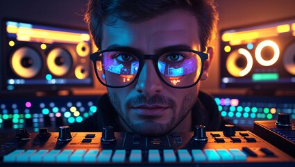 Music producer studio monitor reflection in glasses, MIDI controller glow.