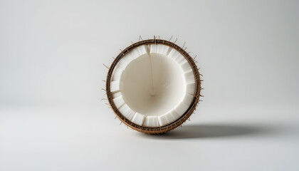A perfectly halved coconut, showcasing its white flesh and clearly defined brown shell on a clean background.