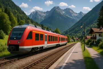 Obraz premium Red train arriving at a station in a mountain village in the Alps, with green hills and snowy peaks in the background on a sunny day