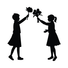 Two children silhouettes giving flowers on a white background vector