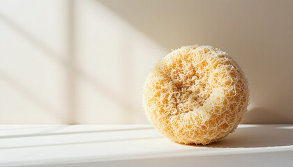 A natural loofah sponge stands on a clean surface, with soft textures and a distinct shadow on the left.