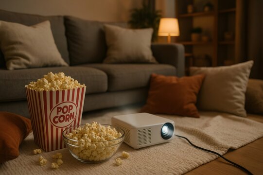 Projector casting a warm glow over a cozy living room, with popcorn ready for an enjoyable movie night filled with relaxation and entertainment