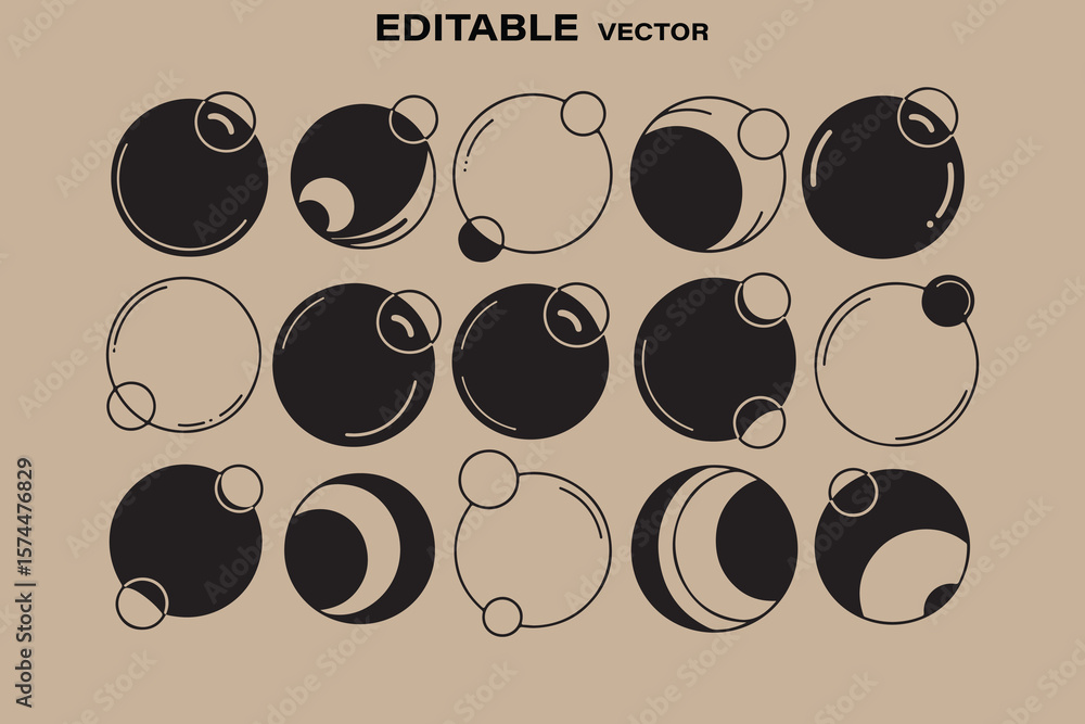 Poster collection of abstract circular graphic elements with geometric shapes and moon phase inspired desig