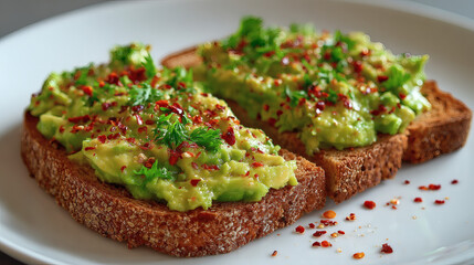Two slices of toast topped with creamy avocado and vibrant herbs and spices, ready to enjoy.