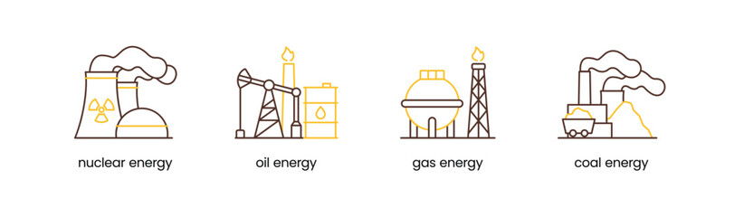 non renewable energy types icons. oil, gas, coal, and nuclear. fuel types icons set. 